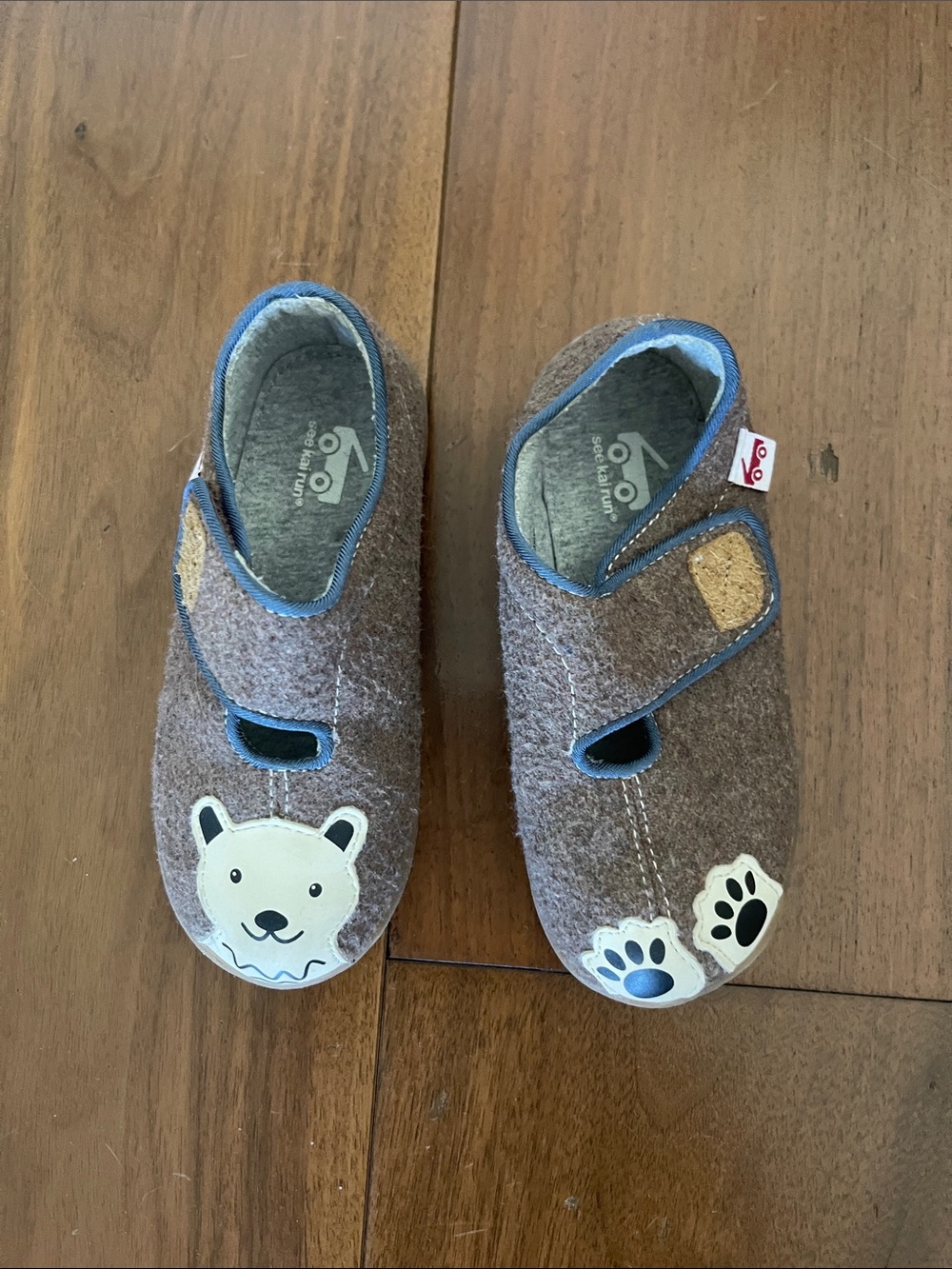 See Kai Run Brown Felt Bear Slippers with Blue Trim